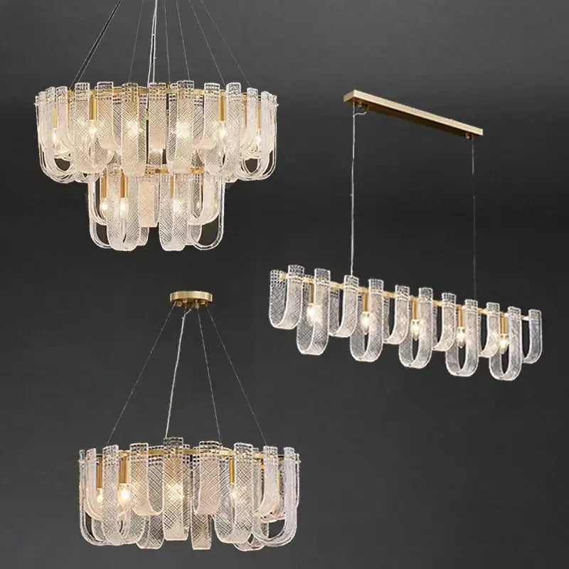 Modern layered clear glass and gold ceiling chandelier with dimmable led copper accents for living room decorbites dimmable led