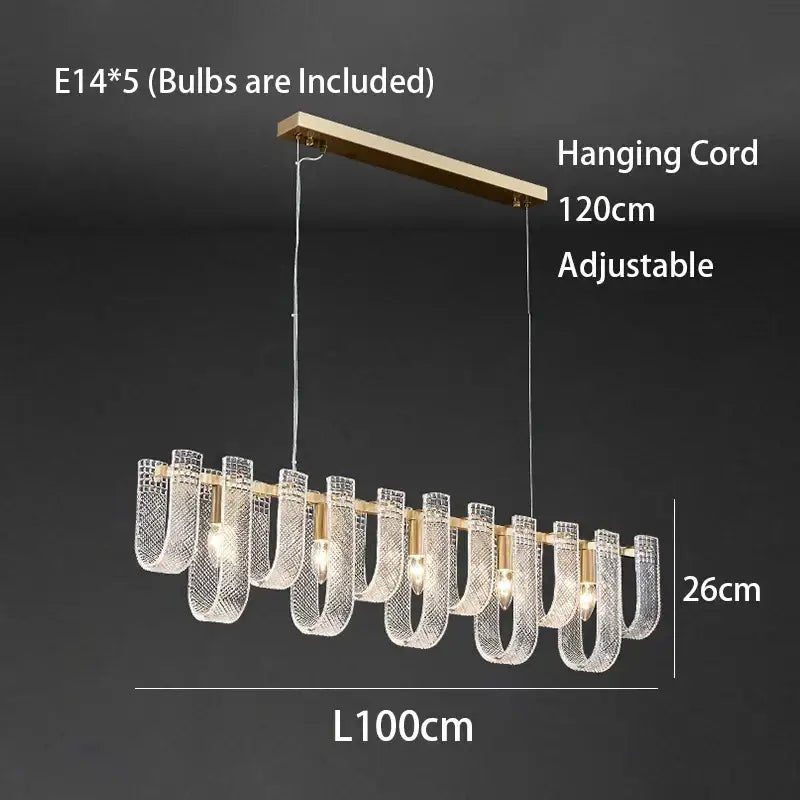 Modern gold-toned ceiling chandelier with five clear textured glass u-shaped shades for living room decorbites dimmable led copper