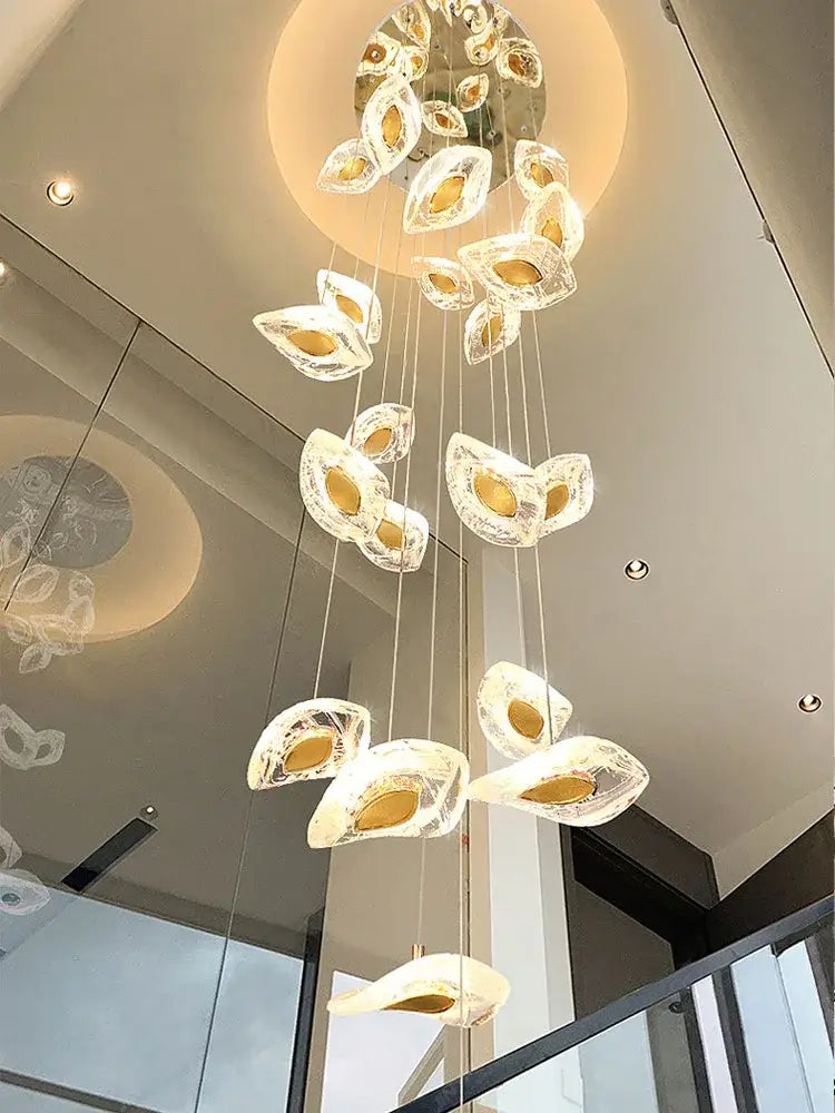 Modern leaf crystal glass staircase chandelier with translucent leaf-shaped crystals and gold-toned interiors for living room decorbites crystal glass