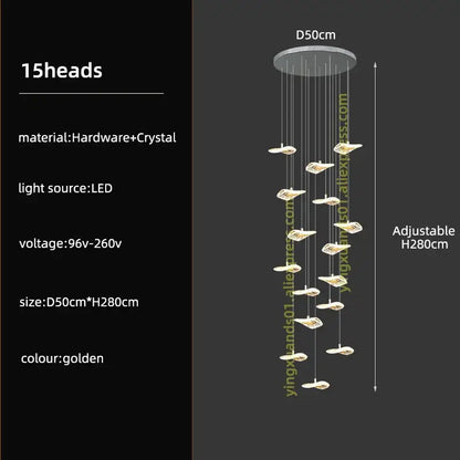 Modern leaf crystal glass staircase chandelier with 15 crystal glass led light heads on circular hardware base for living room decorbites crystal glass