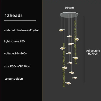Modern leaf crystal glass staircase chandelier with 12 hanging crystal glass light heads in gold for living room decorbites crystal glass