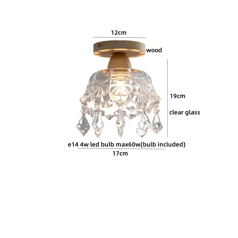Modern leaf glass ceiling light with delicate crystal chandelier and warm wood base featuring decorbites clear glass led