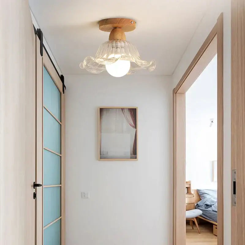 Modern leaf glass ceiling light with delicate translucent clear glass led petals and warm wood base for decorbites ceiling light