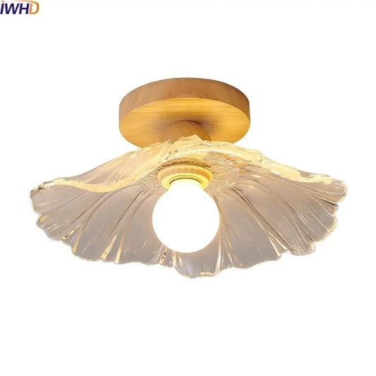 Modern leaf warm-toned translucent ceiling light with wooden base decorbites clear glass led lighting for hallway decor