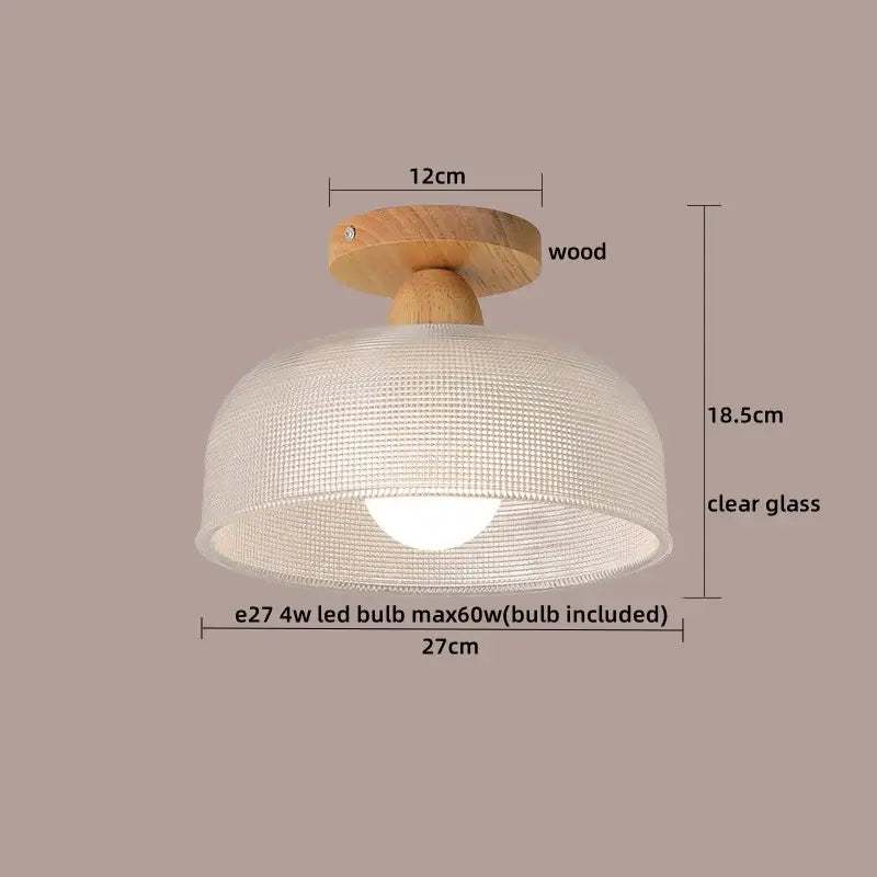 A warm wood modern leaf glass ceiling light with decorbites clear glass dome and intricate woven texture for hallway lighting