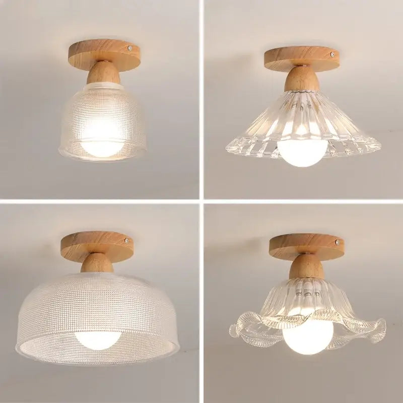 Modern leaf glass ceiling light with warm wood finish and decorbites clear glass led shades for hallway lighting