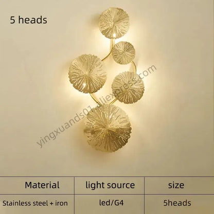 Modern leaf gold iron wall sconce with five head design crafted from stainless steel and iron for living room decorbites iron wall