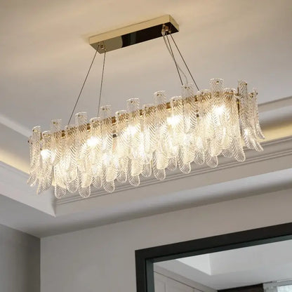 Elegant rectangular crystal led ceiling lamp with clear glass feather shades and polished gold frame for modern decorbites decor