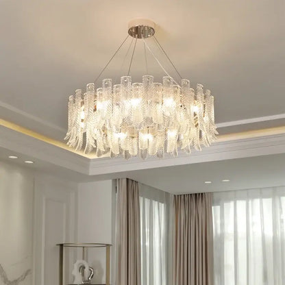 A modern crystal led ceiling lamp with clear glass feather elements and polished chrome mount for living room decorbites crystal led