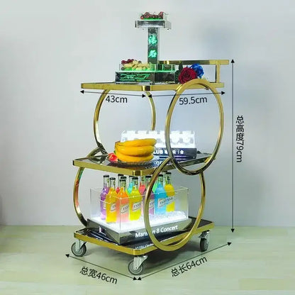 Gold-finished modern led beauty salon trolley with three-tiered circular frame design and illuminated shelves for salon storage
