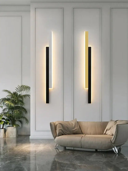 Two modern minimalist led black wall lamps with sleek vertical frames and warm gold glow for living room decorbites led black