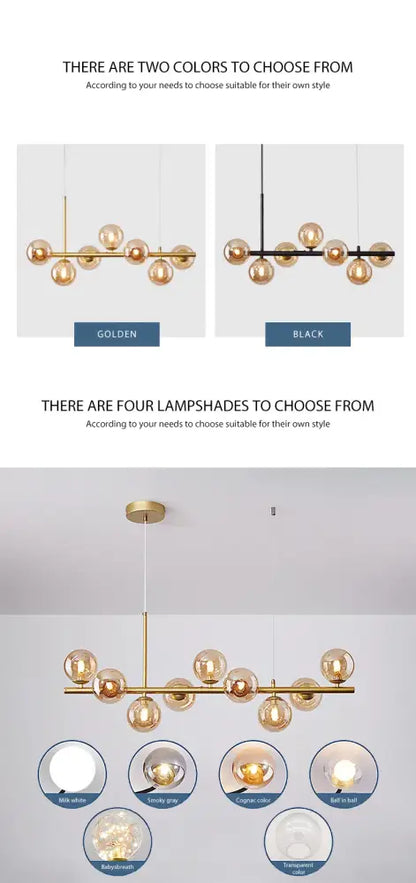 Gold-toned modern chandelier with spherical glass lampshades and sleek metallic frame in DecorBites 9-light head ring chandelier