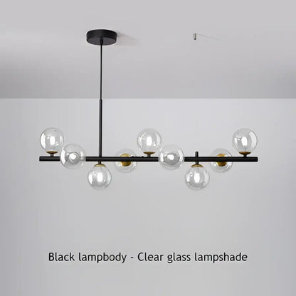 Modern black metal chandelier with clear glass globe shades featuring a head ring design for stylish lighting