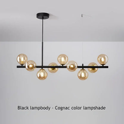 DecorBites 9-light modern black chandelier with black metal head ring and spherical cognac glass lampshades