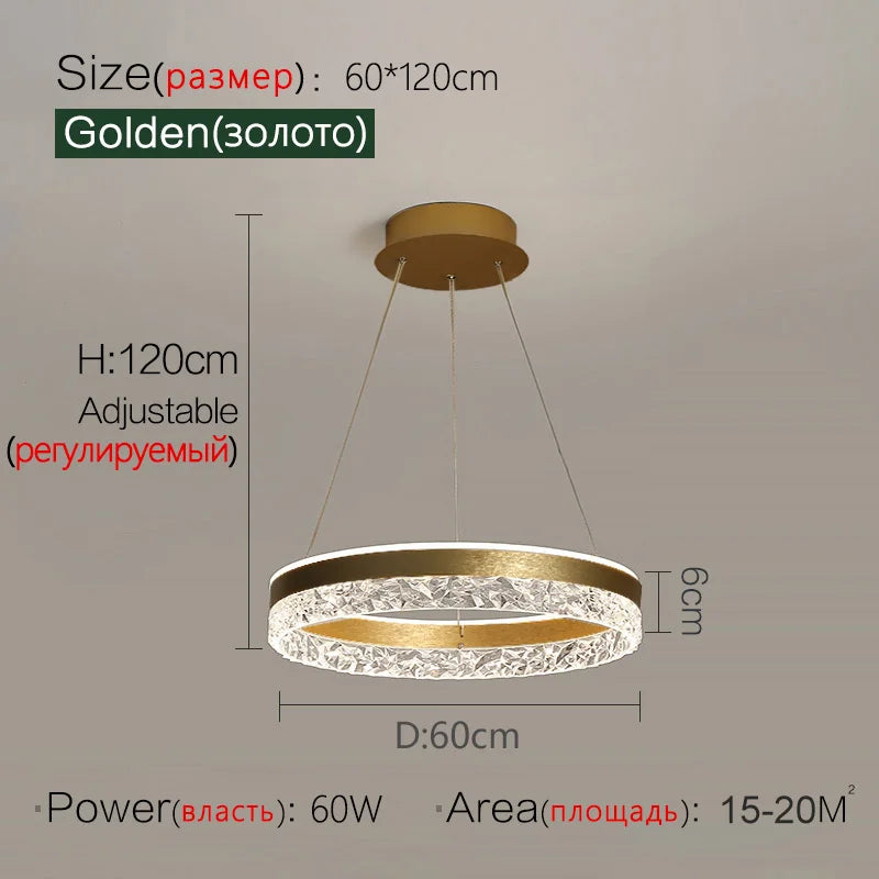 Modern led chandelier featuring a golden circular pendant light with a textured crystal ring and metallic frame for room lighting
