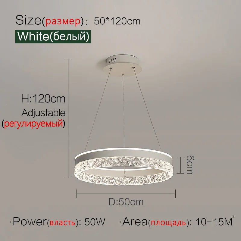 Modern white circular led chandelier with textured crystal ring design for living room dining room bedroom study lighting