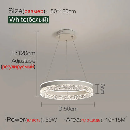 Modern white circular led chandelier with textured crystal ring design for living room dining room bedroom study lighting