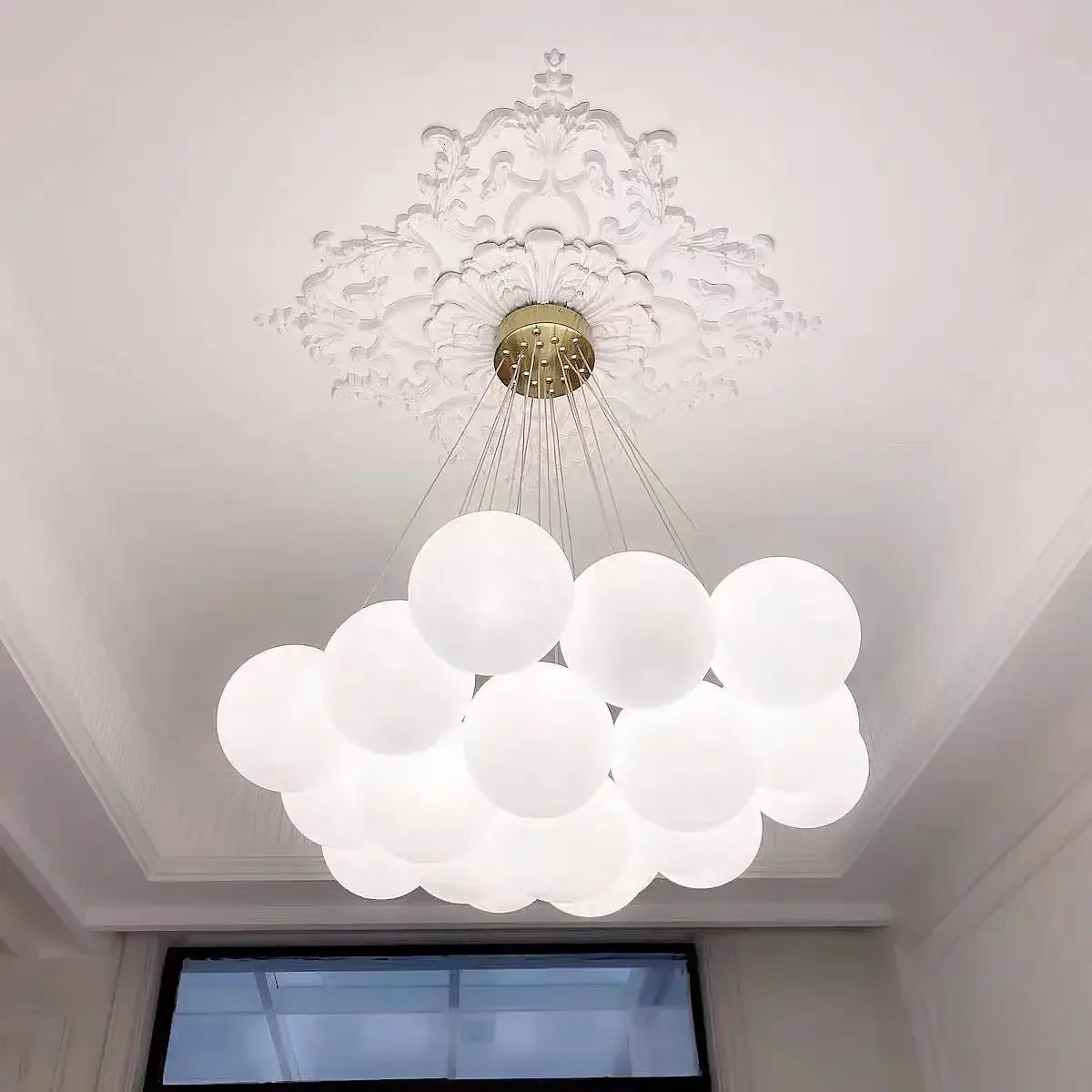Modern led luxury white spherical glass ball pendant light with gold ceiling mount for living room switch type e27