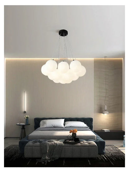 Cloud-shaped pendant light with frosted milk white glass and black metal suspension for luxury led living room decor