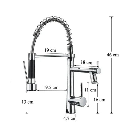 Modern led chrome kitchen faucet with spring design featuring flexible coiled hose and decorbites dual nozzle spray heads