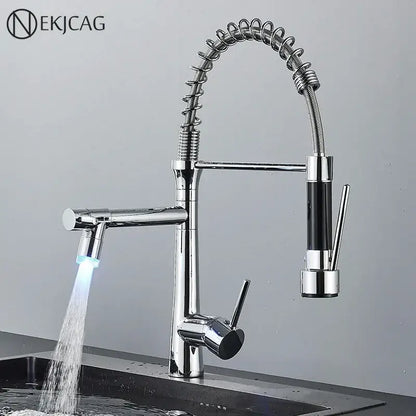 Modern led chrome dual nozzle kitchen faucet with spring design featuring sleek dual nozzle gourmet decorbites style