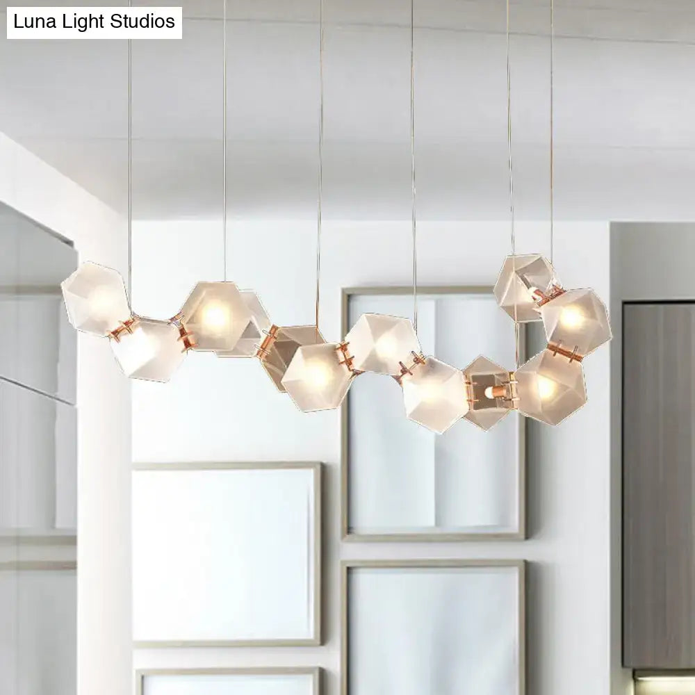 DecorBites™ modern ceiling light with translucent white faceted glass hexagons and rose gold metal for dining room lighting