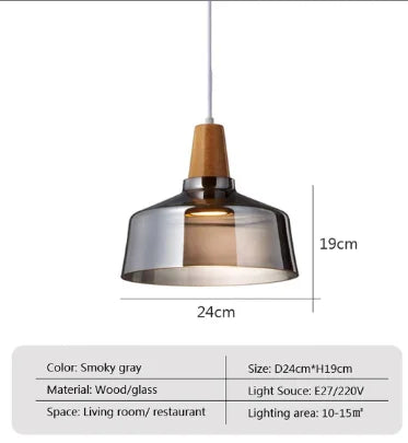 Smoky gray pendant lights with wooden top and glass shade designed for indoor warm lighting in living rooms and restaurants