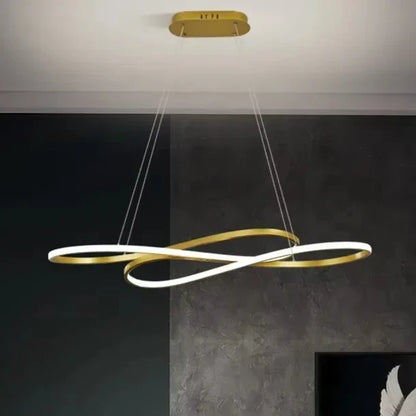 Modern led gold and white electroplated infinity-shaped chandelier with remote dimming for dining and kitchen island decor
