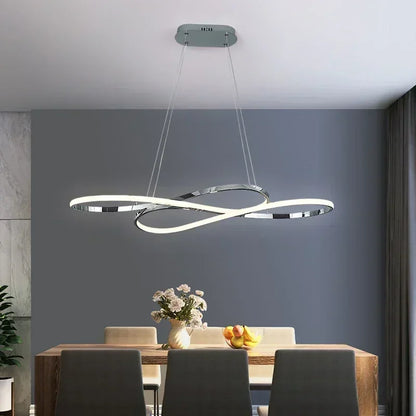 Modern led infinity-shaped chandelier with sleek chrome finish and remote dimming for dining room decor