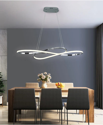 Modern led infinity-shaped chandelier with remote dimming chrome finish illuminated white light bands for kitchen island
