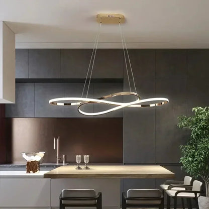 Modern led infinity-loop pendant light with sleek gold electroplated frame and remote dimming for dining room decor