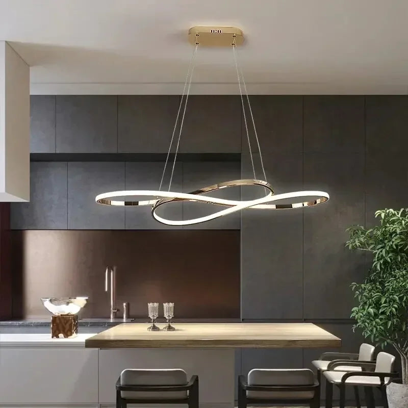 Modern led infinity-loop pendant light with sleek gold electroplated frame and remote dimming for dining room decor