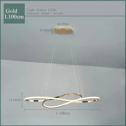 Gold infinity loop pendant light made of metal and acrylic with modern led remote dimming for dining room decor