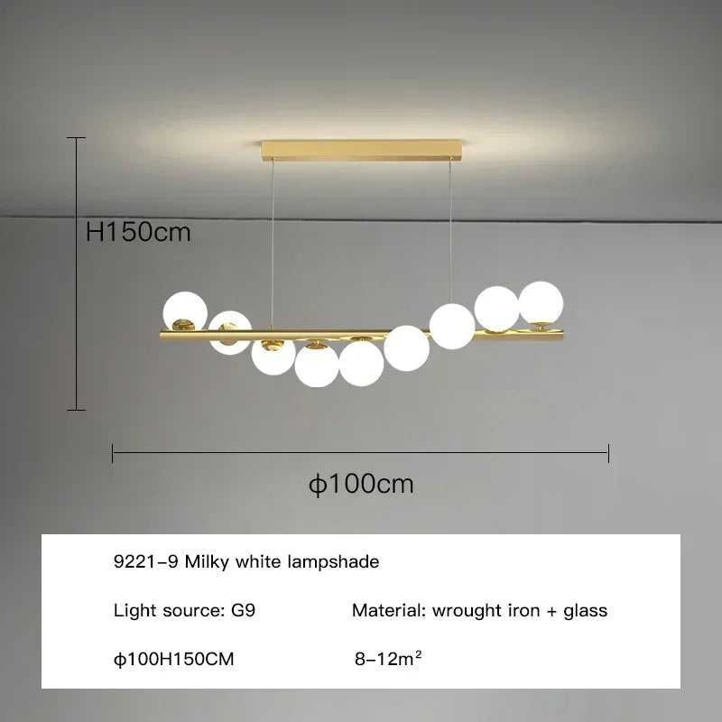 Gold-toned modern led pendant light with wrought iron frame and nine white glass globes for dining room decor