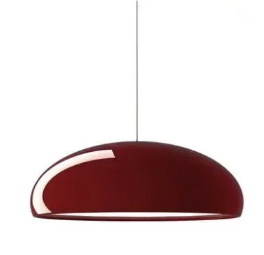 A sleek glossy burgundy round aluminum pendant light with minimalist dome design and thin suspension cord