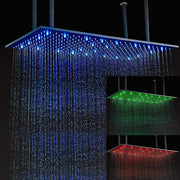 Modern led rainfall shower head with sleek metallic frame and vibrant blue illuminated cascading water streams