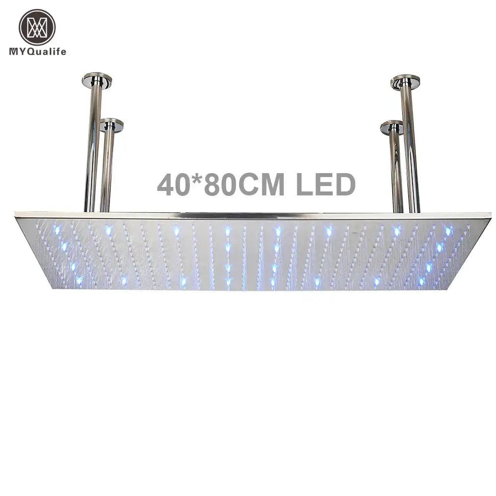 Modern led rainfall shower head stainless steel rectangular with blue illuminated lights and chrome mounting rods