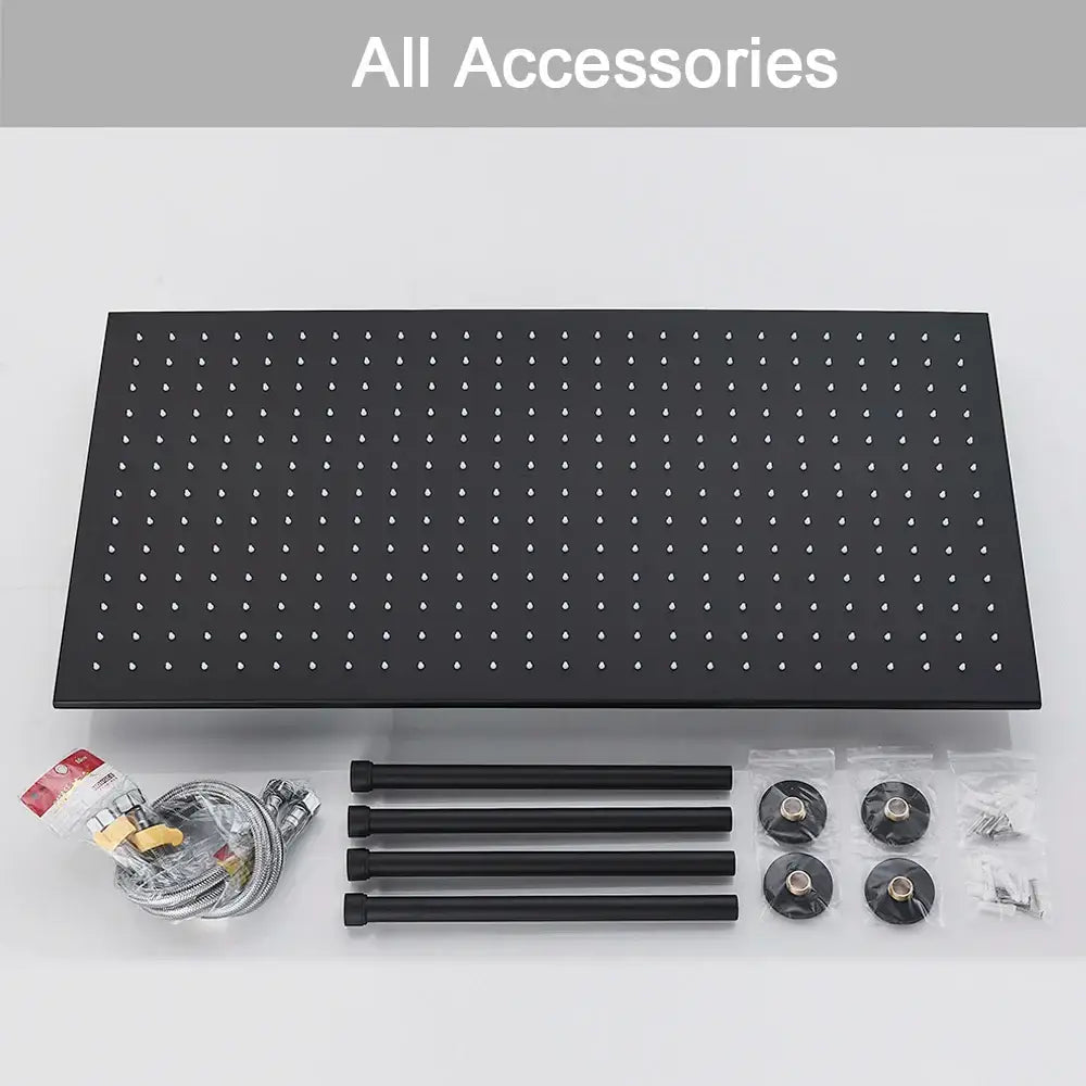 Black metal pegboard with evenly spaced holes for organizing tools beside modern led rainfall shower head bathroom accessory