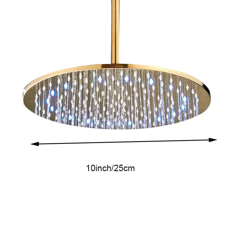 Modern led round gold shower head featuring blue led lights and crystal droplet design for bathroom elegance