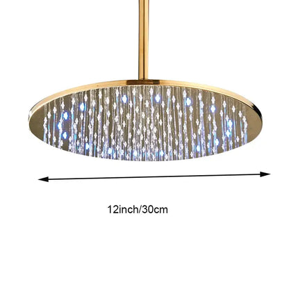 Modern led round gold shower head with embedded blue led lights and crystal droplet design for bathroom use