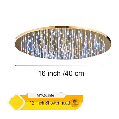 Modern led round gold shower head with embedded blue led lights and cascading crystal-like droplets design