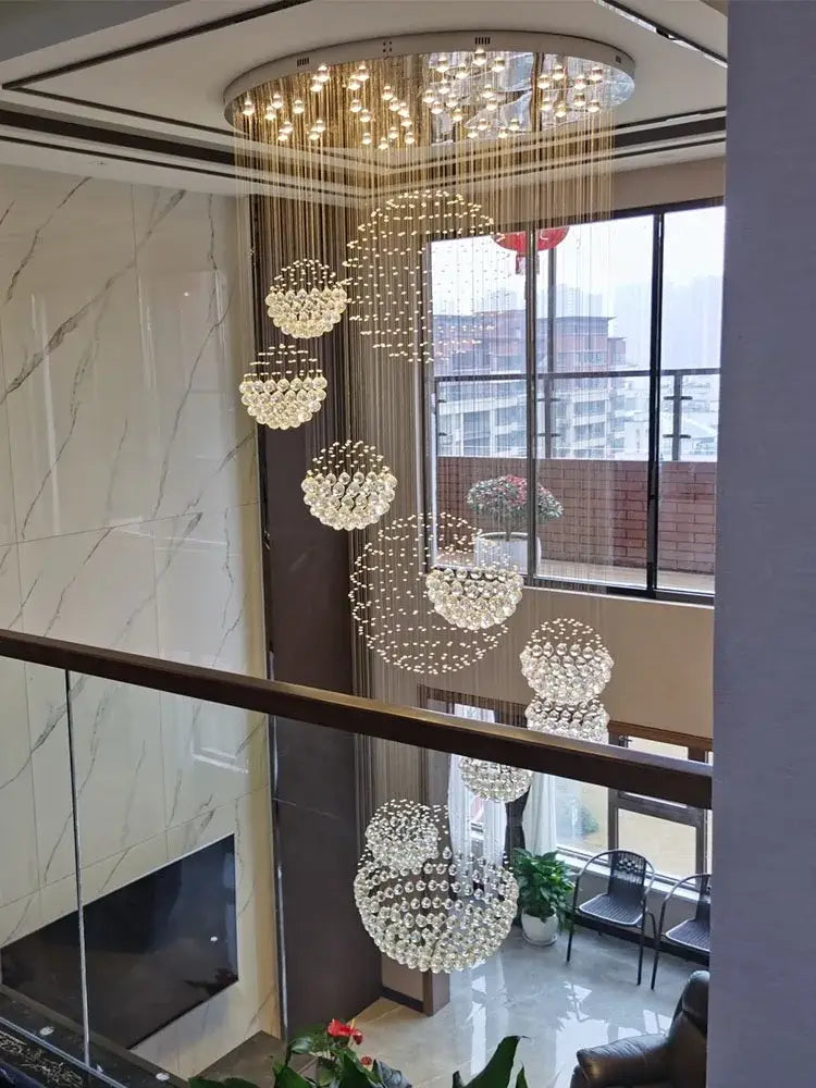 Modern led spiral crystal ball chandelier with cascading clear decorbites crystal spheres for elegant decorbites crystal lighting
