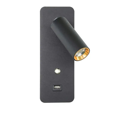 Black matte modern led wall lights with gold-accented cylindrical head and usb charging port for bedroom decorbites sconce