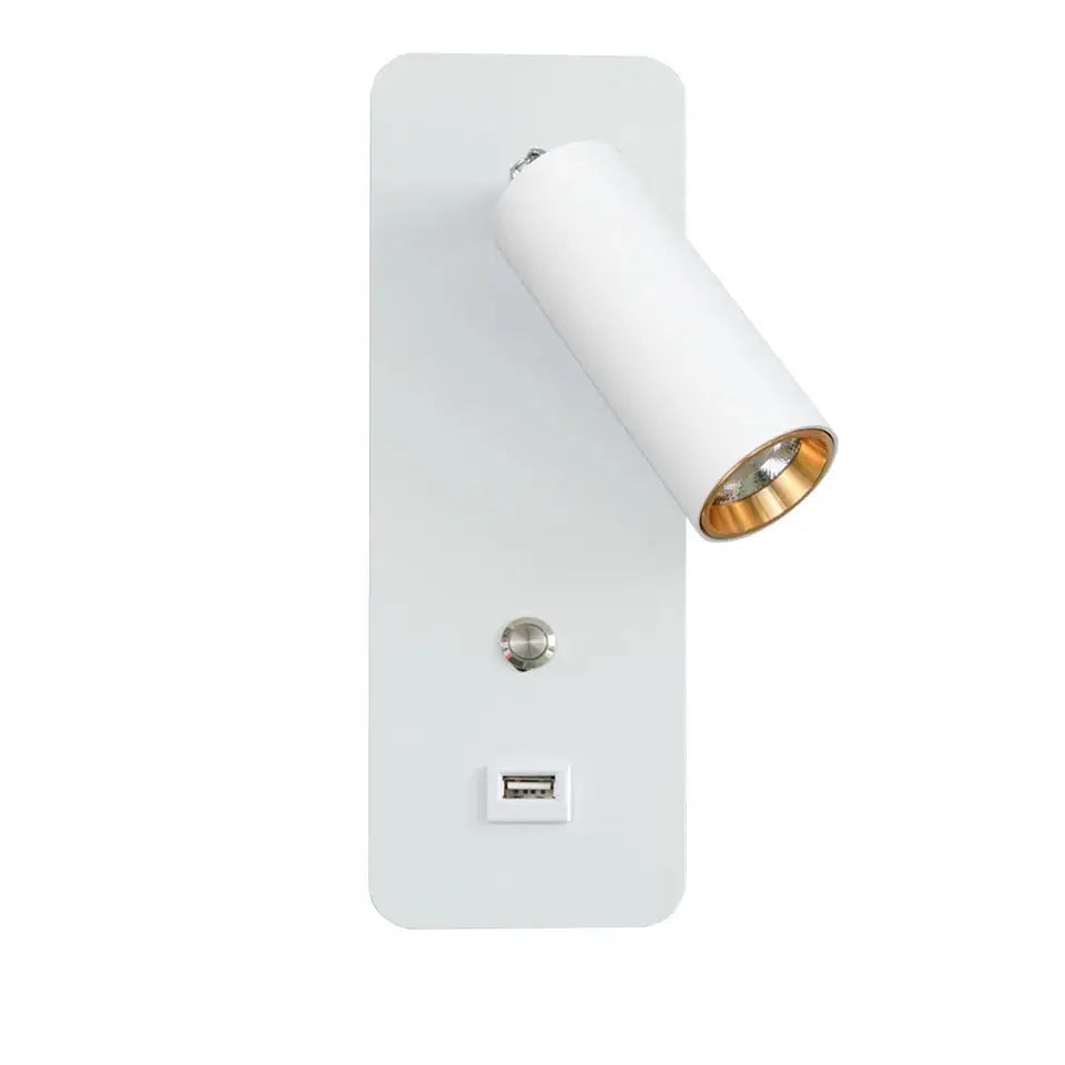 White wall-mounted decorbites led wall light with cylindrical head gold interior and usb charging port bedroom sconce