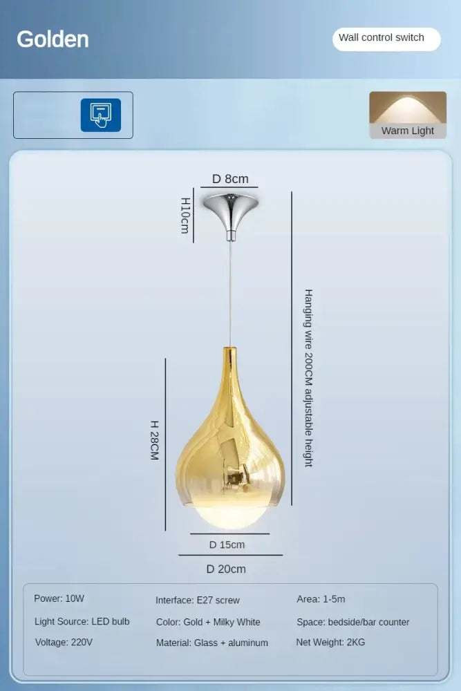 Modern led water droplet ceiling chandelier with golden glass and aluminum pendant light featuring warm white led decorbites led water