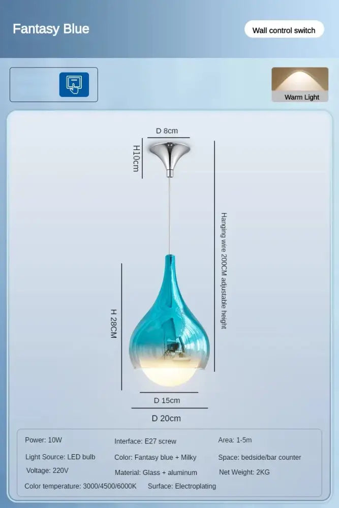 Modern led water droplet ceiling chandelier with fantasy blue gradient glass pendant and sleek aluminum fixture decorbites led water