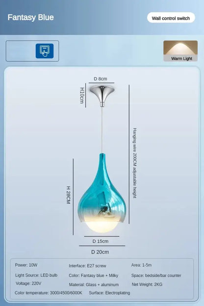 Modern led water droplet ceiling chandelier with fantasy blue gradient glass pendant and sleek aluminum fixture decorbites led water
