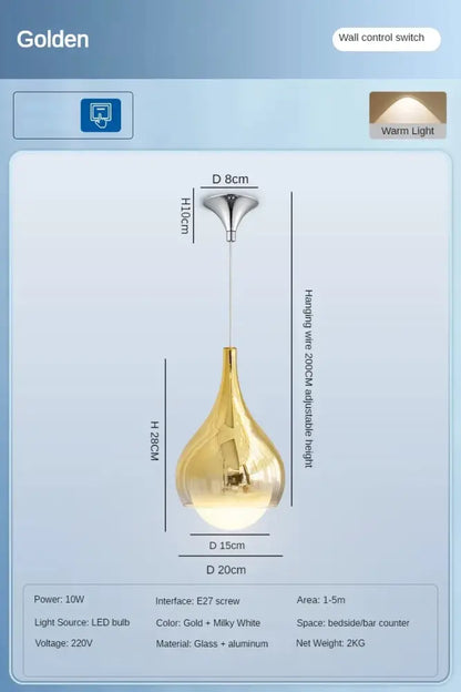 Golden teardrop shaped led water droplet ceiling chandelier with glass aluminum construction and warm white illumination