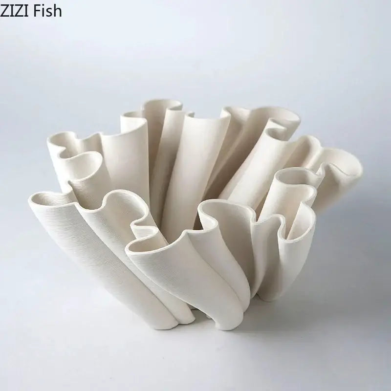 Cream-colored ceramic vase with flowing ruffled tube-like segments decorbites bud shape ceramic for living room decor