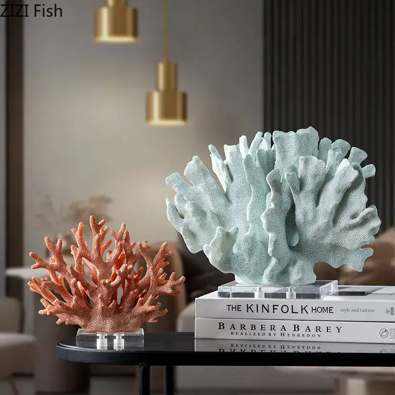 Modern light blue coral resin statue with textured porous surface and branching structure for living room decoration